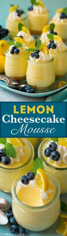 lemon cheesecake mousse with blueberries and mints on a platter