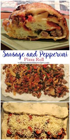 sausage and pepperoni casserole is shown in three different pictures with the title above it