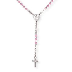 Sterling silver Rosary junior necklace with pink cubic zirconia Pink Rosary, Silver Rosary Necklace, Pink Cross Pendant Necklace For Gift, Handmade Pink Rosary With Cross, Adjustable Pink Cross Rosary, Rosary, Cubic Zirconia, Arrow Necklace, Sterling Silver