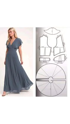 a woman in a long dress next to a sewing pattern