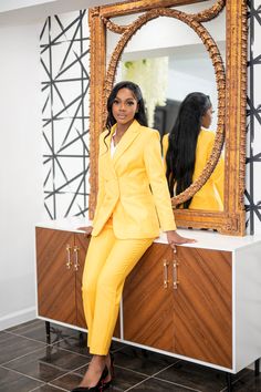 A bright future is coming your way. Made to fit the female form, this flattering New Grad Suit features an elegant crisp yellow hue that will be sure to grab coworkers' attention as you stand out among your peers. The single button blazer and notched collar making it professional enough for work meetings and casual enough for an evening out with friends. Model is 5'5 wearing a size 2 83.5% Polyester 16.5% Viscose Grad Suits, Board Panda, Pant Suits For Women, Yellow Suit, Suit Pin, Business Photoshoot, Yellow Pants, Professional Attire, Branding Photoshoot