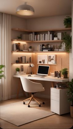 a laptop computer sitting on top of a white desk in front of a book shelf