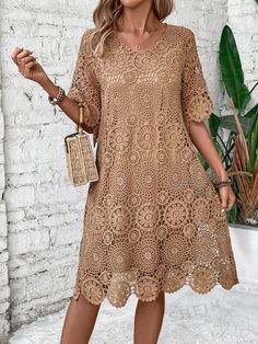 Introducing elegance at its finest: the Elegance Defined: V-Neck Guipure Lace Dress. This stunning dress features intricate guipure lace and a flattering V-neck design, creating a timeless and sophisticated look. Perfect for any special occasion, this dress exudes grace and style. Color : Khaki Style : Casual Details : Scallop, Contrast Lace, Eyelet Embroidery Type : Tunic Pattern Type : Plain Neckline : V neck Sleeve Length : Short Sleeve Sleeve Type : Flounce Sleeve Waist Line : Natural Hem Sh Guipure Lace Dress, Khaki Style, Eyelet Embroidery, Spaghetti Strap Maxi Dress, Strapless Floral Dress, Khaki Fashion, Tunic Pattern, Button Front Dress, Guipure Lace