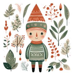 an illustration of a little boy in a sweater and hat surrounded by plants, berries and leaves