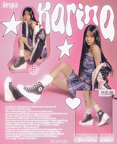 an advertisement for converse shoes featuring a girl in plaid dress and sneakers with white stars