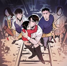 an image of a man hugging a woman on the train tracks with other people in the background