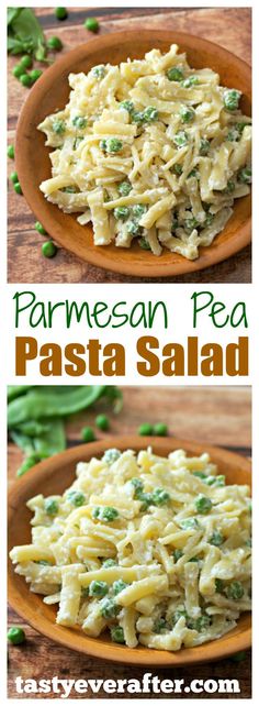 pasta salad with peas and parmesan cheese on top