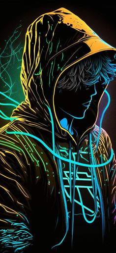 a man wearing a hoodie with neon lights on his face and in the background