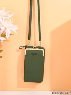 BagForLove - Embossed Litchi Phone Wallet with Shoulder Strap - Secure and Stylish Cellphone Clutch Green Phone Bag As Gift, Word Wrap, Green Pattern, Purse Pouch, Phone Wallet, Phone Bag, Emboss, Army Green, Purse Wallet