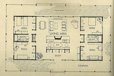 an old house plan with three rooms and two living areas