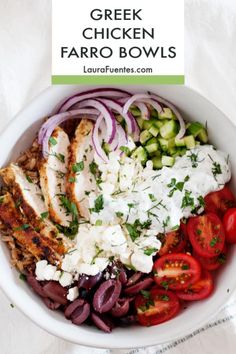 greek chicken power bowls with tomatoes, cucumbers, onions and feta cheese