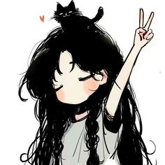 a drawing of a girl with long black hair and a cat on her head holding up the peace sign