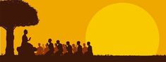 the silhouettes of people walking in front of an orange sun with trees and grass