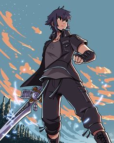 an anime character holding two swords in one hand and standing on the ground with mountains behind him