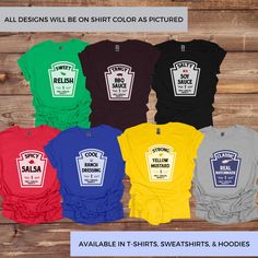 Condiments shirts are an excellent group costume for any group, team or party! **Each shirt sold separately. Designs will be on the color pictured in the images. All colors are available in t-shirts, sweatshirts, and hoodies.** Care Instructions: 📢 Non-chlorine bleach as needed 📢 Tumble dry, low heat 📢 Iron, steam or dry: medium heat 📢 Do not dry clean 📢 Machine wash: cold 📢 Wash inside out Shipping & Processing 📦 Processing Time: 1-7 business days 📦 Shipping Time: 2-5 business day Discl Customizable School Spirit Tops For Fan Merchandise, Customizable Tops For School Spirit Fan Merchandise, Funny Print Tops For Fan Merchandise, Fitted Novelty Tops With Graphic Print, Funny Red Pre-shrunk Tops, Funny Print Shirt For Fan Merchandise, Red Pre-shrunk Tops, Funny Fan Merchandise Tops With Long Sleeves, Funny Long Sleeve Tops For Fan Merchandise