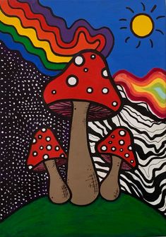 a painting of two mushrooms on a hill with mountains in the background and a rainbow colored sky