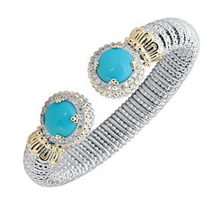 How about doubling the fun with two ocean blue Turquoise stones set in this majestic Sterling Silver and 14K Yellow Gold bracelet? Designer Alwand Vahan created this unique 8 mm bracelet with open hinge on one side to allow for comfort on every woman's wrist. It will be a fantastic addition to any black, white or silver cocktail dress. Just picture yourself sparkling the entire evening with all eyes on you, thanks to the .20 ctw dazzling diamonds that complement the Turquoise stones. If you can' Vahan Bracelets, Vahan Jewelry, Altered Jewelry, Color Stones Jewelry, Black Onyx Necklace, Jewelry Fashion Trends, Pretty Bracelets, Turquoise Stones, Yellow Gold Bracelet