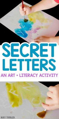 two children's hands painting letters on paper with the words secret letters and crayon