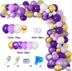 purple and gold balloon arch with confetti garlands, 12inch balloons