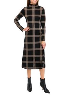 Boasting a windowpane print, this sweater dress from Maison Tara adds preppy appeal to your wardrobe. | Maison Tara Women's Long Sleeve Mock Neck Windowpane Sweater Dress, Black, Xs Fitted Black Plaid Long Sleeve Dress, Black Cotton Short Sleeve Plaid Dress, Black Plaid Cotton Mini Dress, H&m Plaid Dress Black, Plaid Cotton V-neck Dress, Sweater Dress Black, Black Xs, Mock Neck, Dress Black