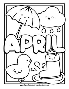 an adult coloring page for the month of march with umbrellas, ducks and ducklings