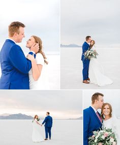 a bride and groom posing for pictures on the beach