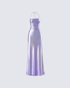 This gunmetal metallic gown is your new weapon of mass seduction 😏 Complete with tie-back detailing, a low back, and a cowl neckline for a chic and elegant look 👑 Purple Dress Olivia Rodrigo, Metallic Red Dress, Metallic Purple Dress, Snoball Dresses, Purple Clothes Aesthetic, Purple Glitter Dress, Persephone Flowers, Lilac Dresses, Pink Lace Maxi Dress