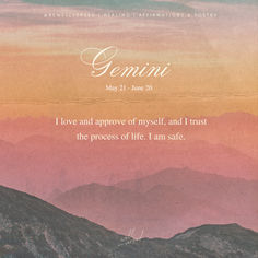 a poster with the words gemini on it and mountains in the background at sunset