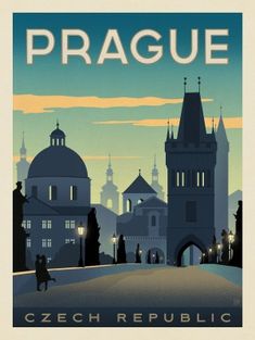 an image of a poster with the words prague on it's front and side