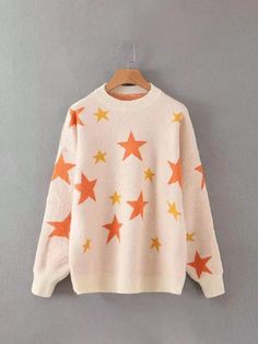 Pullover Outfit, Orange Creamsicle, Drop Shoulder Sweaters, Cute Sweaters, Casual Sweaters, Dream Clothes, Star Patterns, Star Print, Crewneck Sweater