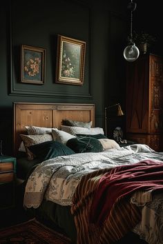 a bed in a dark room with paintings on the wall