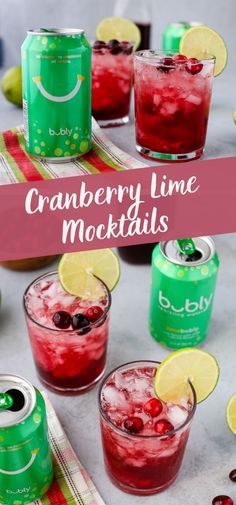 cranberry lime mocko cocktails are served in glasses and garnished with cherries