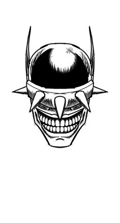 a black and white drawing of a clown's face with horns on his head