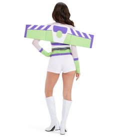 a woman dressed as buzz lightyear from the movie toy story is standing with her back to the camera