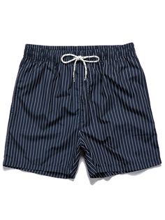 Navy Blue Casual Collar  Fabric Striped Straight Leg Embellished Non-Stretch Summer Men Clothing Men's Swimwear, Look Short, Shorts Casual, Printed Swim, Printed Drawstring, Inspiration Mode, Drawstring Shorts