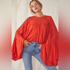 Free People On The Weekend Flowy Bell Sleeve Blouse Persimmon Red Sm New Nwt Forever Fun And Flowy, This So Special Top Is Featured In A Super Drapey Silhouette With Semi-Sheer Mesh Shoulder Detail And Pleating Throughout For Added Shape. Keyhole Back Closure. Exaggerated, Flare Bell Sleeves. Scoop Neckline. Brand New With Tags. Measures Approx (Flat) Chest 36 In, Length 21 In. Oversized, Bohemian, Boho, Hippie, Festival Ob1210319 Free People Blouse, Cape Style, Free People Tunic, Red Boho, Bell Sleeve Blouse, Flowy Tops, Boho Blouses, Wide Sleeves, Boho Tops