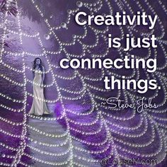 a woman in a white dress is standing on a purple background with pearls and the words creativity is just connecting things