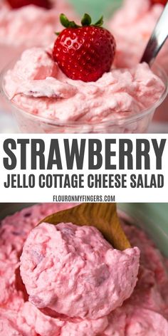 strawberry jello cottage cheese salad in a bowl with a wooden spoon and strawberries on top