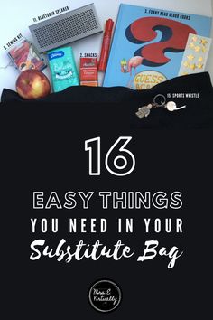 a black bag filled with books and other items on top of it that says 16 easy things you need in your subsite bag