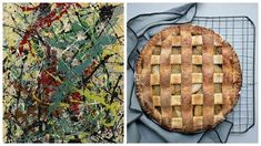 two pictures one with an apple pie and the other with abstract painting