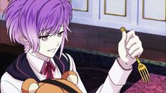 an anime character with purple hair holding a fork and a teddy bear in his hand