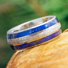 Meteorite and Blue Lapis Wedding Band Space And Earth, Blue Wedding Band, Gibeon Meteorite, Meteorite Jewelry, Unique Mens Rings, Meteorite Ring, Lapis Lazuli Ring, Blue Lapis Lazuli, Men's Wedding Ring