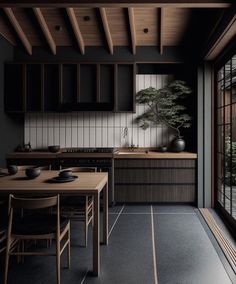 Japanese Interior Architecture, Modern Japanese Interior Kitchen, Dark Japanese Interior Design, Japandi Dark Kitchen, Japandi Interiors Dark, Dark Japandi Kitchen, Dark Interior Kitchen, Dark Japandi Interiors, Dark Japandi Living Room