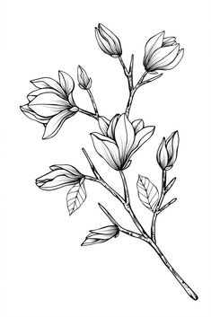 a black and white drawing of a flower on a branch with leaves in the foreground