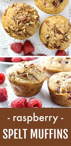 raspberry - spelt muffins on a plate with raspberries