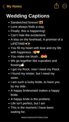 a text message with the words wedding captions written in black and yellow on it