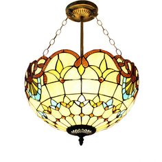 a stained glass light hanging from the ceiling