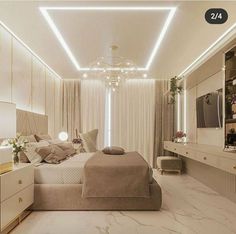 a bedroom with marble flooring and white walls, along with a chandelier hanging from the ceiling