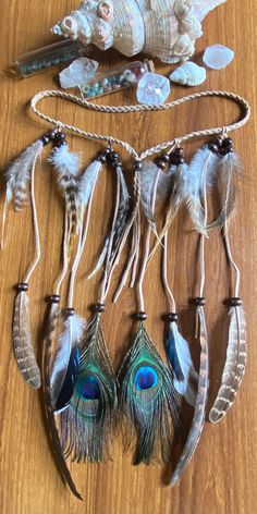 several feathers are hanging on a table next to shells and seashells in the shape of birds