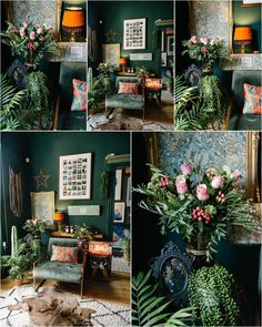 a collage of photos with flowers in vases and other things on the table